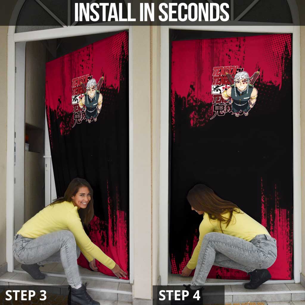 Tengen Uzui Demon Slayer Flashy Red Grunge Design Door Cover with Eye Detail and Dual Sword Pose - The Mazicc