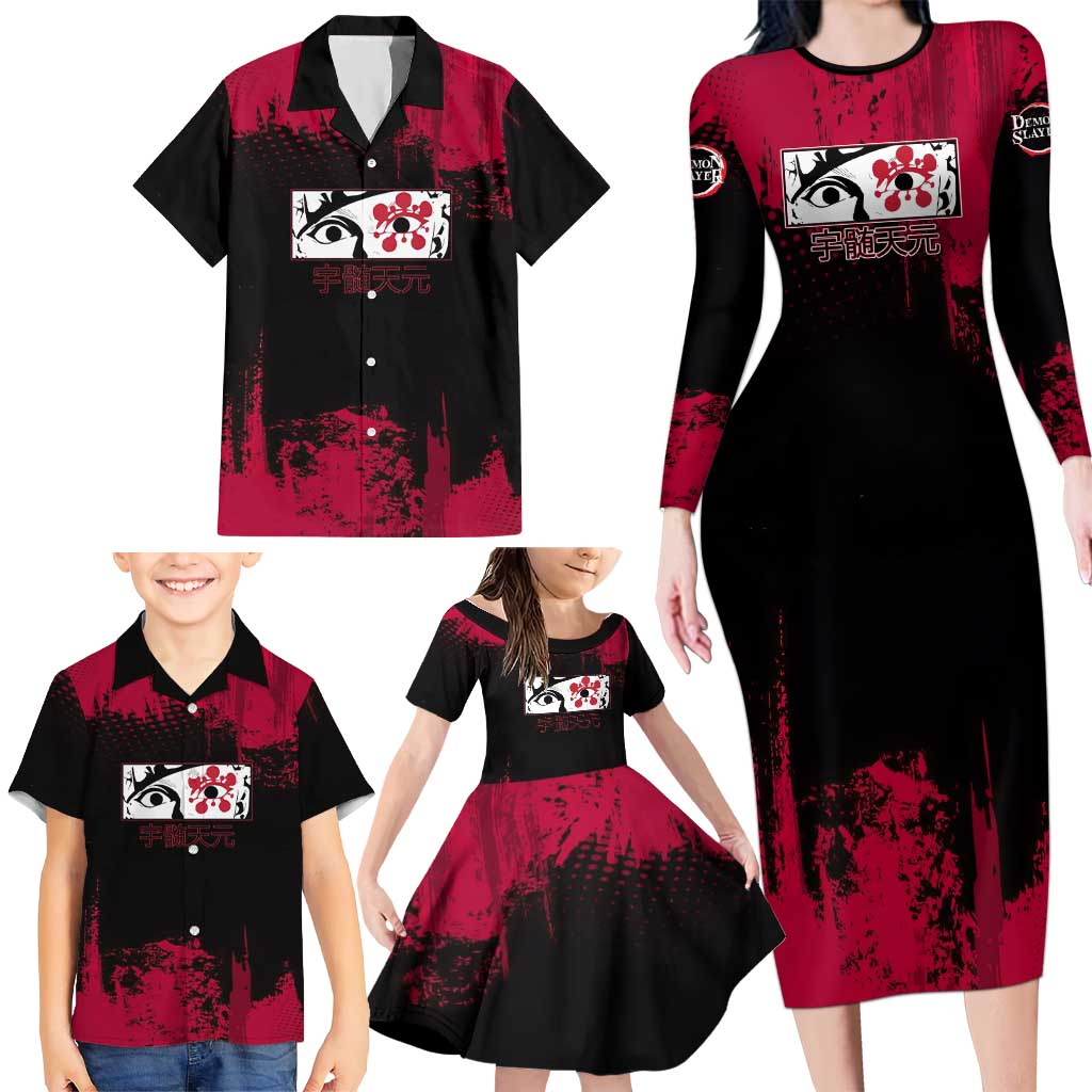 Tengen Uzui Demon Slayer Flashy Red Grunge Design Family Matching Long Sleeve Bodycon Dress and Hawaiian Shirt with Eye Detail and Dual Sword Pose