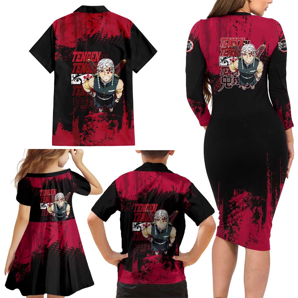 Tengen Uzui Demon Slayer Flashy Red Grunge Design Family Matching Long Sleeve Bodycon Dress and Hawaiian Shirt with Eye Detail and Dual Sword Pose