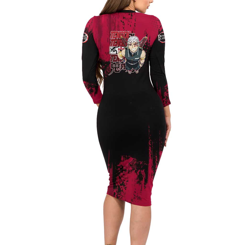 Tengen Uzui Demon Slayer Flashy Red Grunge Design Family Matching Long Sleeve Bodycon Dress and Hawaiian Shirt with Eye Detail and Dual Sword Pose