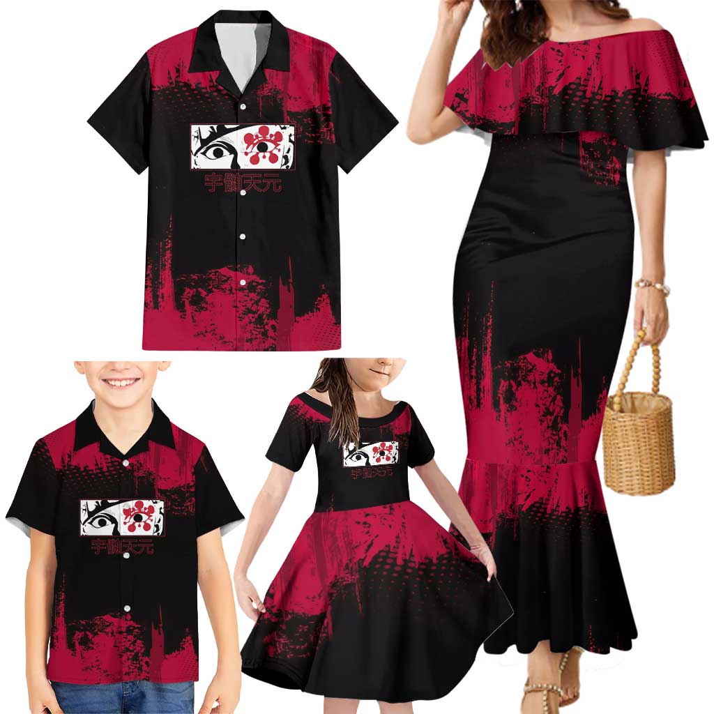 Tengen Uzui Demon Slayer Flashy Red Grunge Design Family Matching Mermaid Dress and Hawaiian Shirt with Eye Detail and Dual Sword Pose