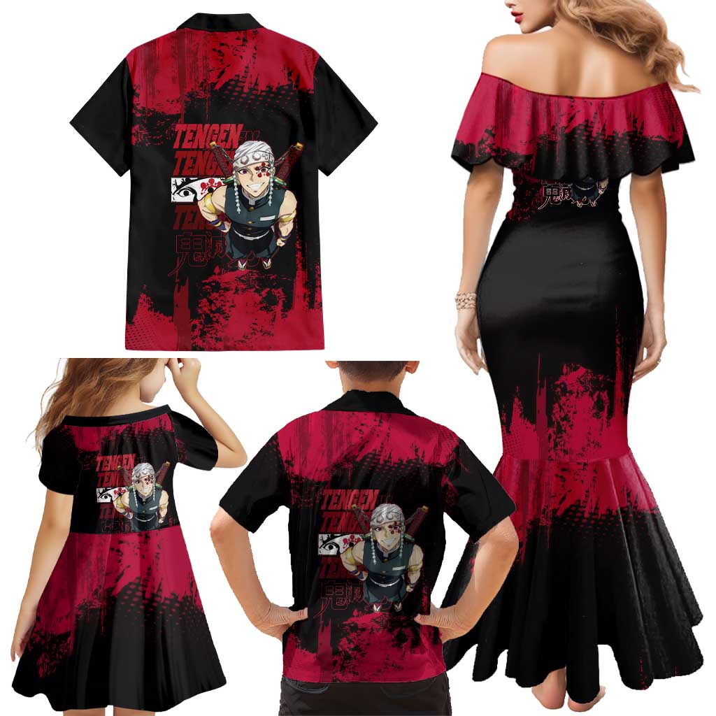Tengen Uzui Demon Slayer Flashy Red Grunge Design Family Matching Mermaid Dress and Hawaiian Shirt with Eye Detail and Dual Sword Pose