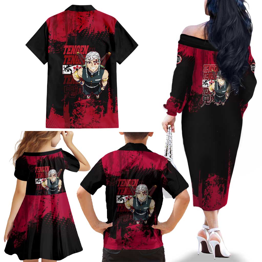 Tengen Uzui Demon Slayer Flashy Red Grunge Design Family Matching Off The Shoulder Long Sleeve Dress and Hawaiian Shirt with Eye Detail and Dual Sword Pose