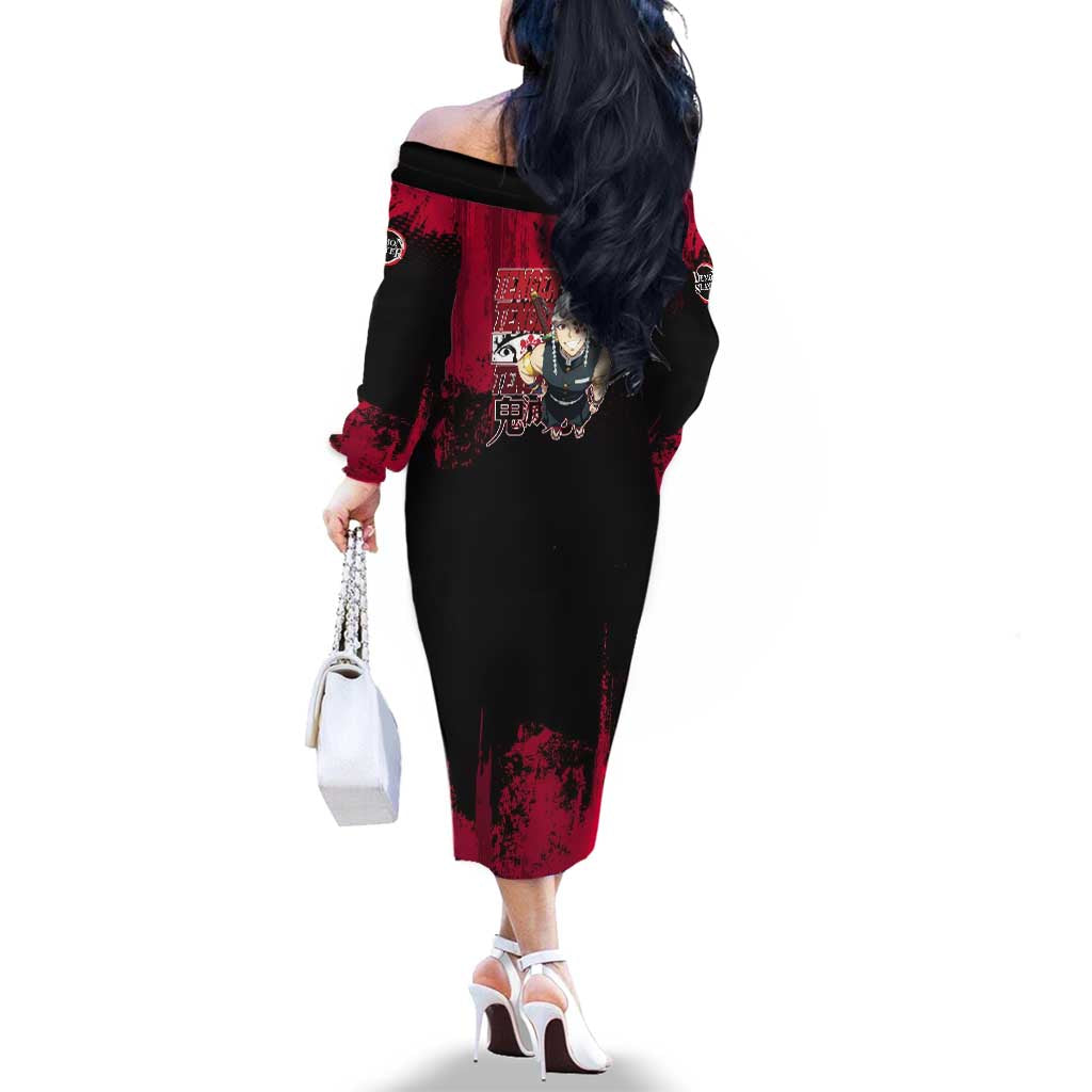 Tengen Uzui Demon Slayer Flashy Red Grunge Design Family Matching Off The Shoulder Long Sleeve Dress and Hawaiian Shirt with Eye Detail and Dual Sword Pose