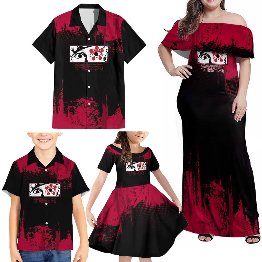 Tengen Uzui Demon Slayer Flashy Red Grunge Design Family Matching Off Shoulder Maxi Dress and Hawaiian Shirt with Eye Detail and Dual Sword Pose