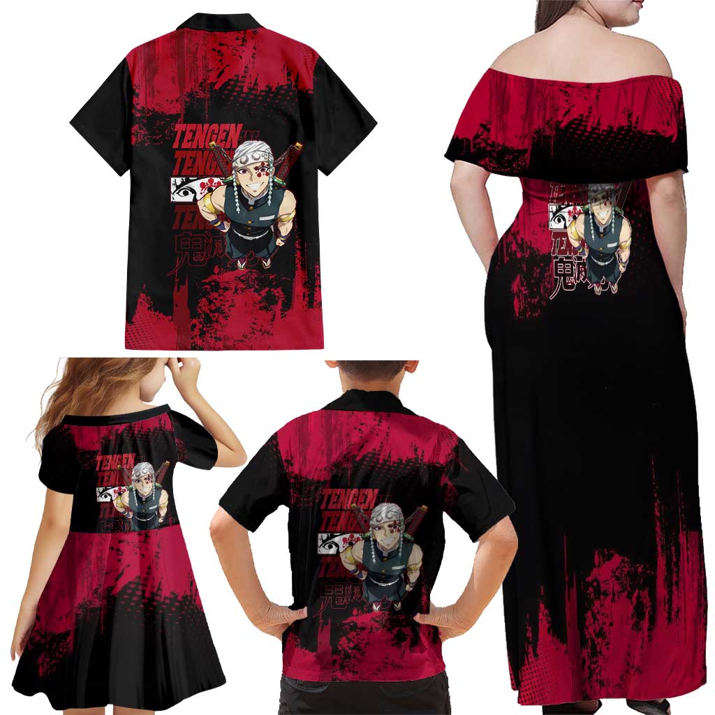 Tengen Uzui Demon Slayer Flashy Red Grunge Design Family Matching Off Shoulder Maxi Dress and Hawaiian Shirt with Eye Detail and Dual Sword Pose