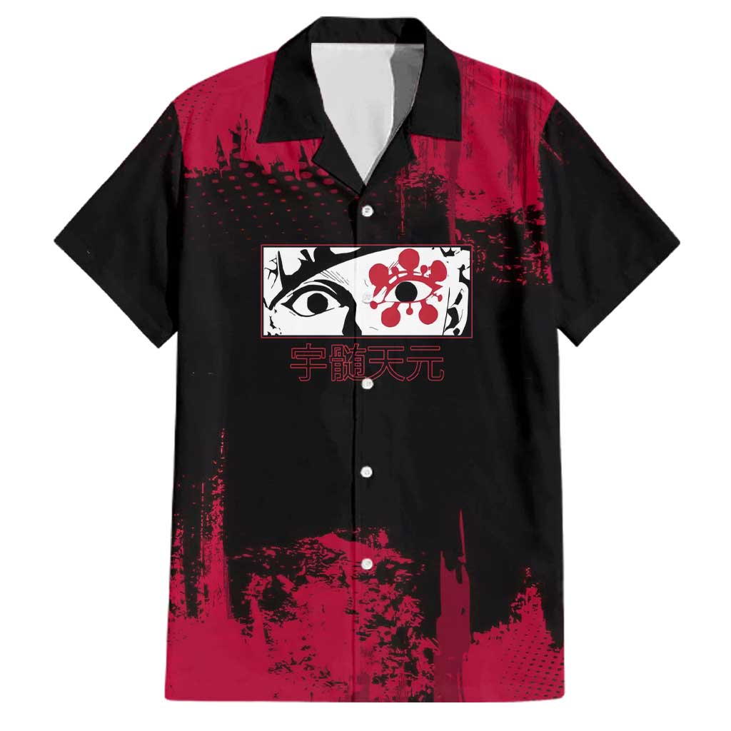 Tengen Uzui Demon Slayer Flashy Red Grunge Design Family Matching Off Shoulder Maxi Dress and Hawaiian Shirt with Eye Detail and Dual Sword Pose