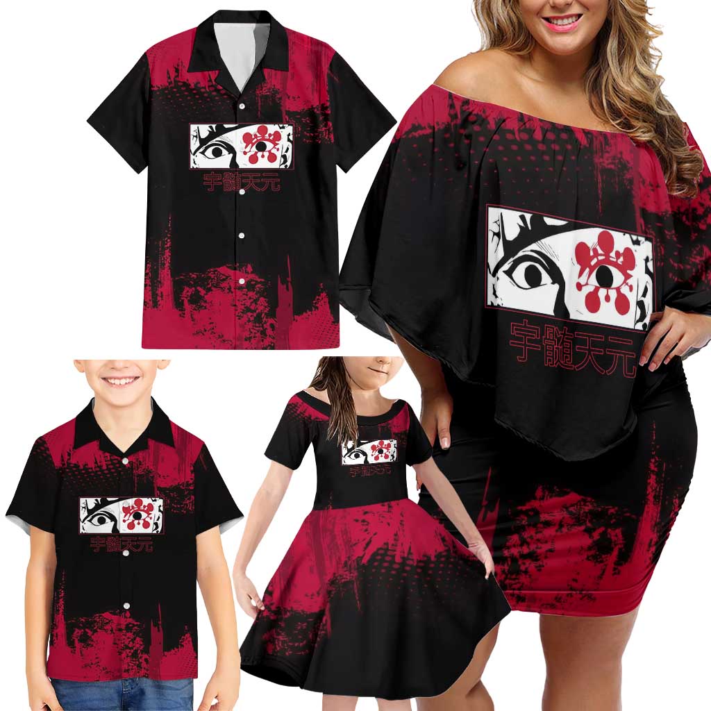 Tengen Uzui Demon Slayer Flashy Red Grunge Design Family Matching Off Shoulder Short Dress and Hawaiian Shirt with Eye Detail and Dual Sword Pose
