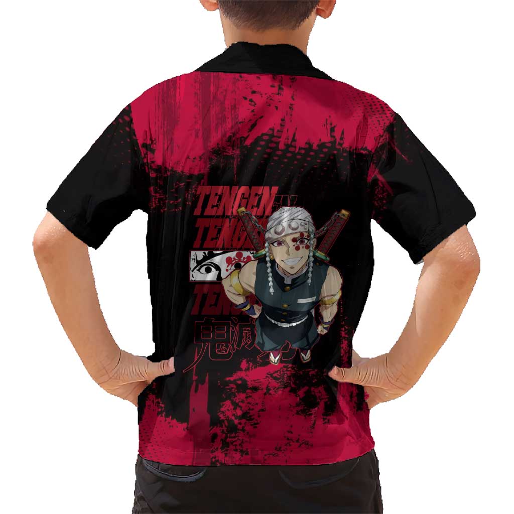 Tengen Uzui Demon Slayer Flashy Red Grunge Design Family Matching Off Shoulder Short Dress and Hawaiian Shirt with Eye Detail and Dual Sword Pose