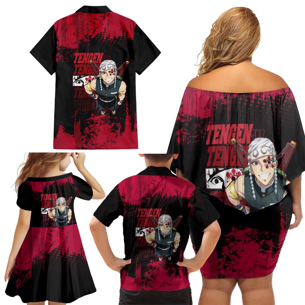 Tengen Uzui Demon Slayer Flashy Red Grunge Design Family Matching Off Shoulder Short Dress and Hawaiian Shirt with Eye Detail and Dual Sword Pose