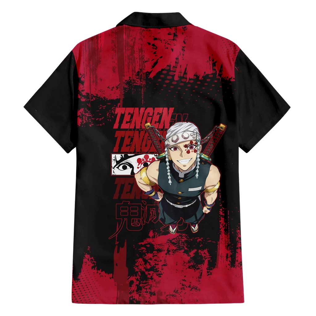 Tengen Uzui Demon Slayer Flashy Red Grunge Design Family Matching Off Shoulder Short Dress and Hawaiian Shirt with Eye Detail and Dual Sword Pose