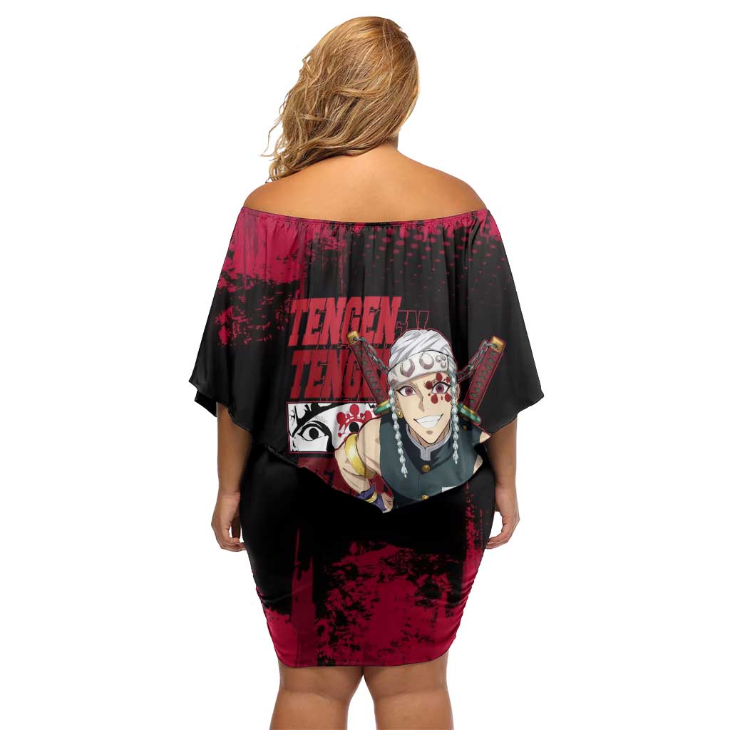 Tengen Uzui Demon Slayer Flashy Red Grunge Design Family Matching Off Shoulder Short Dress and Hawaiian Shirt with Eye Detail and Dual Sword Pose