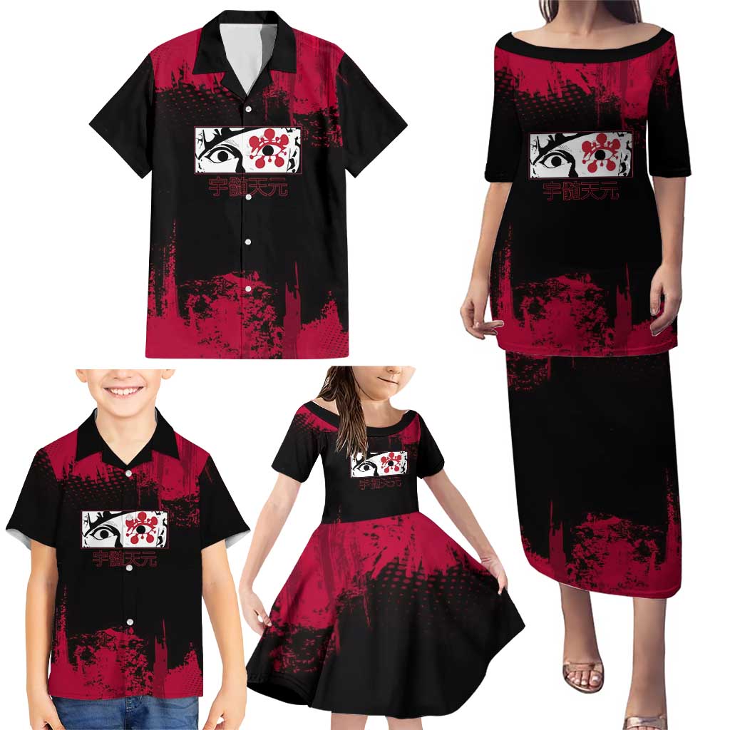 Tengen Uzui Demon Slayer Flashy Red Grunge Design Family Matching Puletasi and Hawaiian Shirt with Eye Detail and Dual Sword Pose