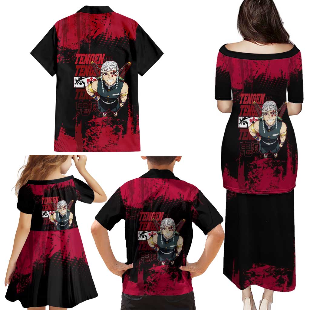 Tengen Uzui Demon Slayer Flashy Red Grunge Design Family Matching Puletasi and Hawaiian Shirt with Eye Detail and Dual Sword Pose