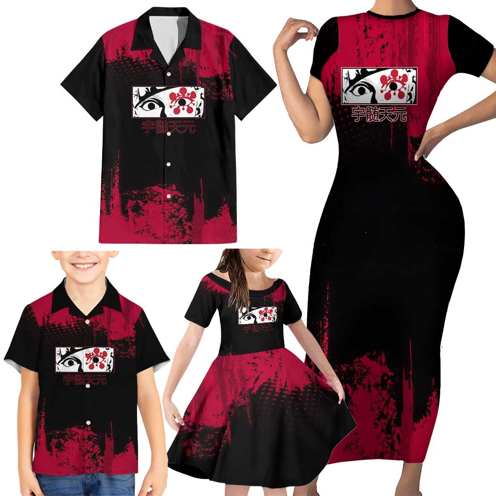 Tengen Uzui Demon Slayer Flashy Red Grunge Design Family Matching Short Sleeve Bodycon Dress and Hawaiian Shirt with Eye Detail and Dual Sword Pose