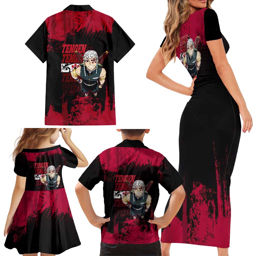 Tengen Uzui Demon Slayer Flashy Red Grunge Design Family Matching Short Sleeve Bodycon Dress and Hawaiian Shirt with Eye Detail and Dual Sword Pose