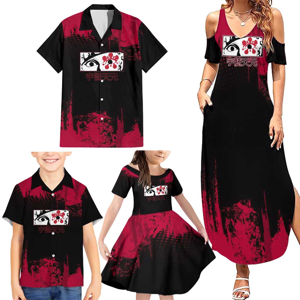 Tengen Uzui Demon Slayer Flashy Red Grunge Design Family Matching Summer Maxi Dress and Hawaiian Shirt with Eye Detail and Dual Sword Pose