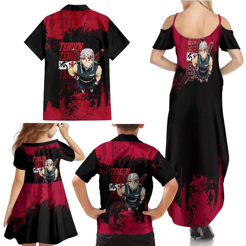 Tengen Uzui Demon Slayer Flashy Red Grunge Design Family Matching Summer Maxi Dress and Hawaiian Shirt with Eye Detail and Dual Sword Pose