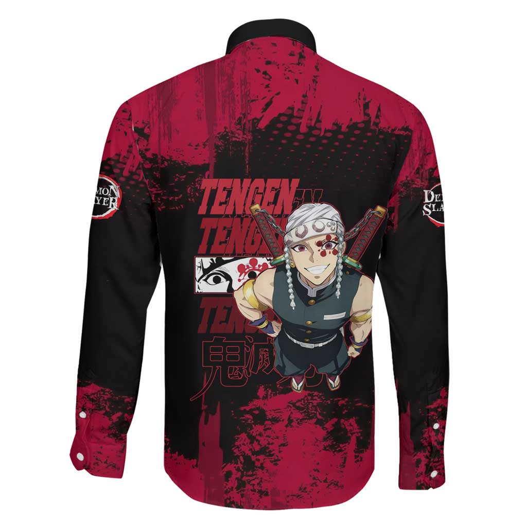 Tengen Uzui Demon Slayer Flashy Red Grunge Design Family Matching Summer Maxi Dress and Hawaiian Shirt with Eye Detail and Dual Sword Pose