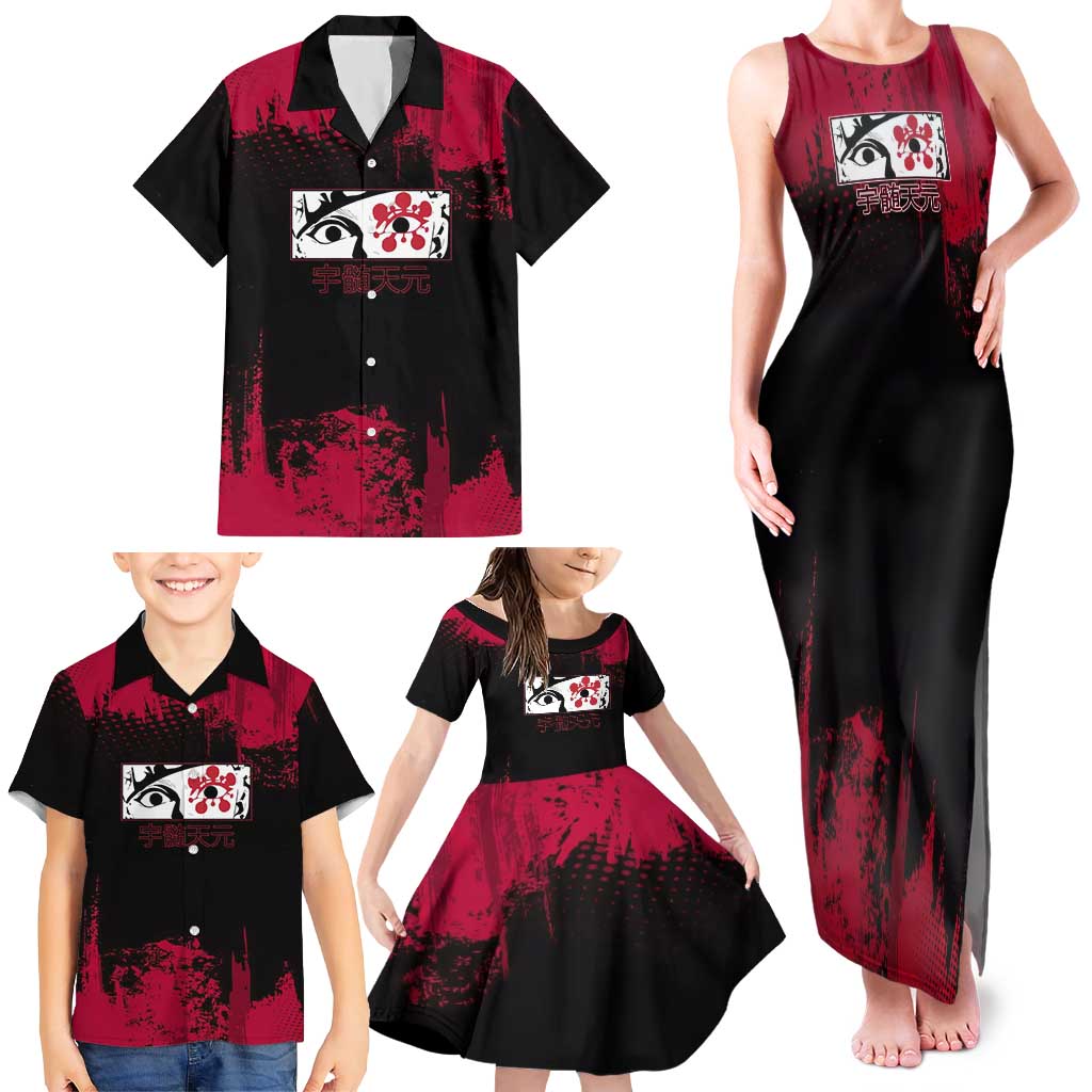 Tengen Uzui Demon Slayer Flashy Red Grunge Design Family Matching Tank Maxi Dress and Hawaiian Shirt with Eye Detail and Dual Sword Pose