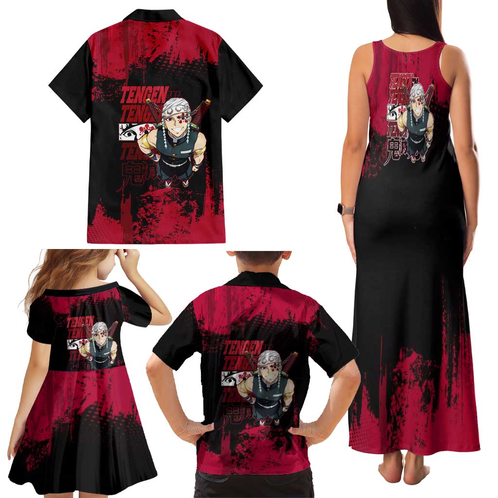 Tengen Uzui Demon Slayer Flashy Red Grunge Design Family Matching Tank Maxi Dress and Hawaiian Shirt with Eye Detail and Dual Sword Pose