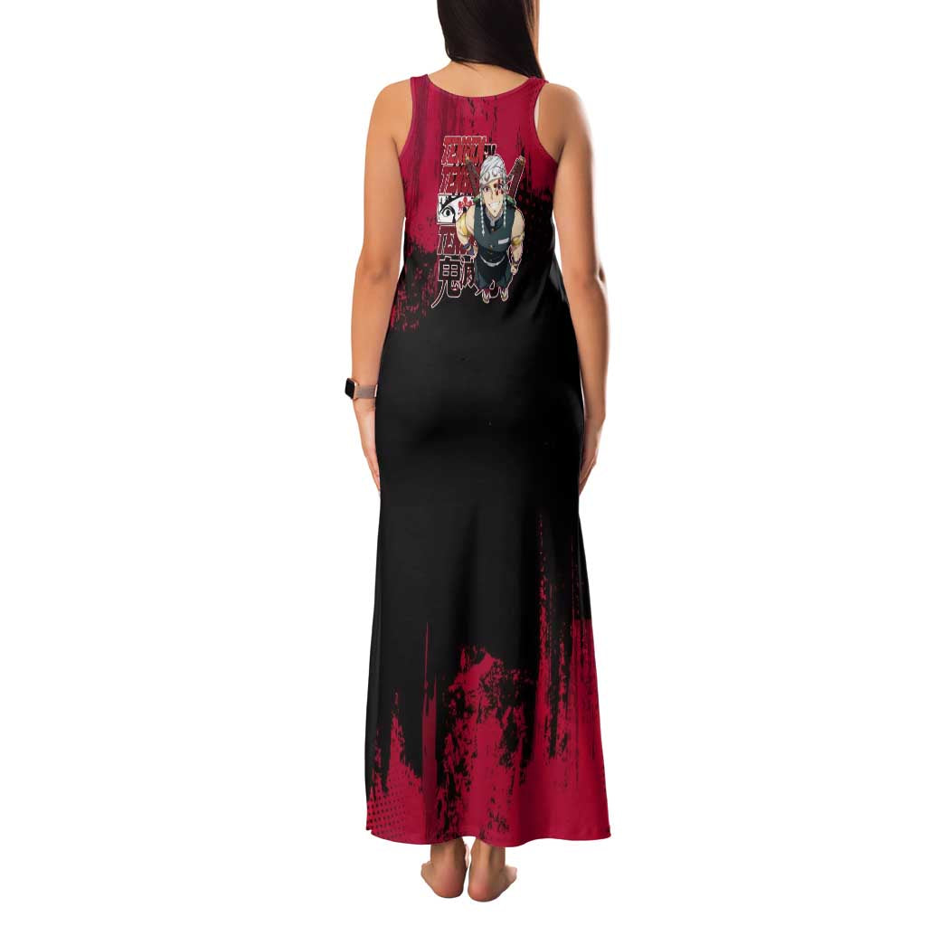 Tengen Uzui Demon Slayer Flashy Red Grunge Design Family Matching Tank Maxi Dress and Hawaiian Shirt with Eye Detail and Dual Sword Pose