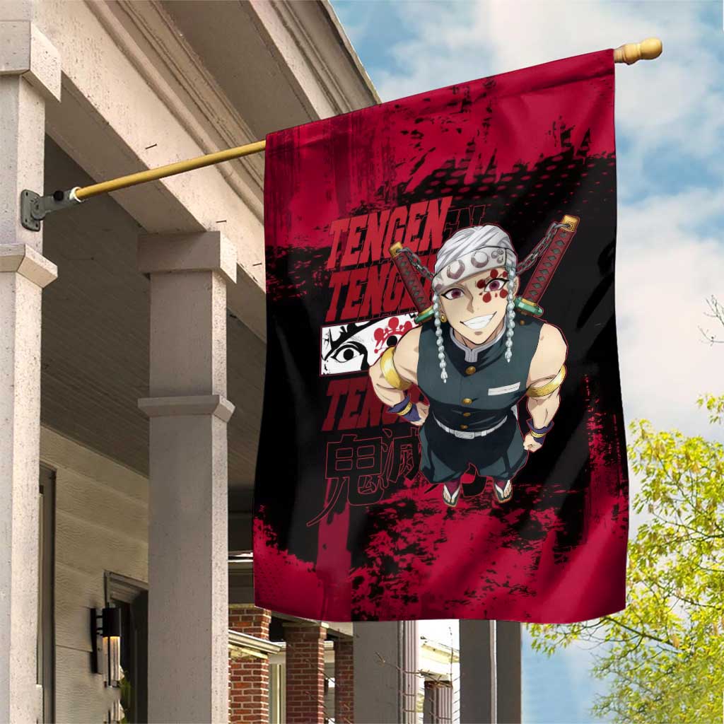 Tengen Uzui Demon Slayer Flashy Red Grunge Design Garden Flag with Eye Detail and Dual Sword Pose - The Mazicc