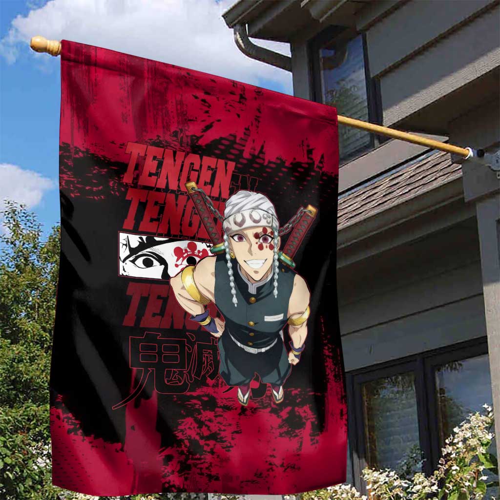 Tengen Uzui Demon Slayer Flashy Red Grunge Design Garden Flag with Eye Detail and Dual Sword Pose - The Mazicc