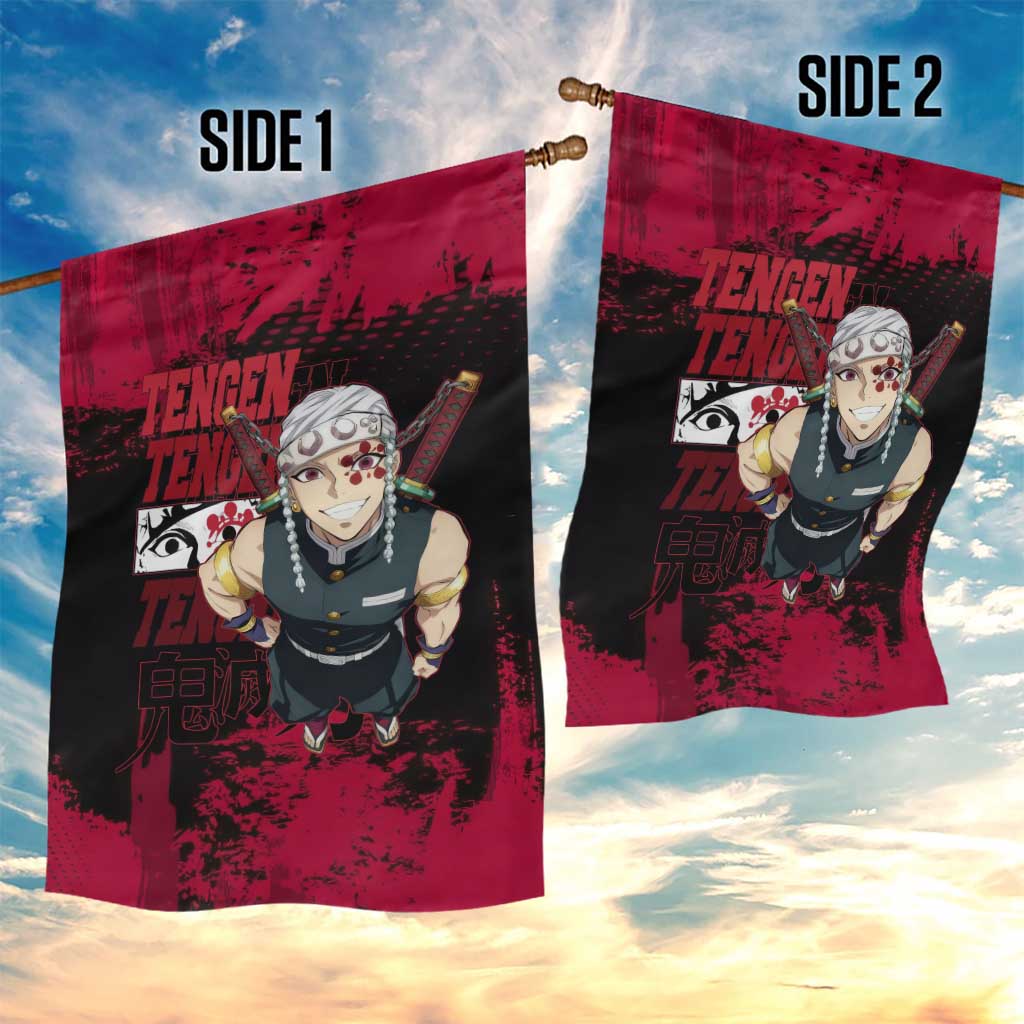 Tengen Uzui Demon Slayer Flashy Red Grunge Design Garden Flag with Eye Detail and Dual Sword Pose - The Mazicc