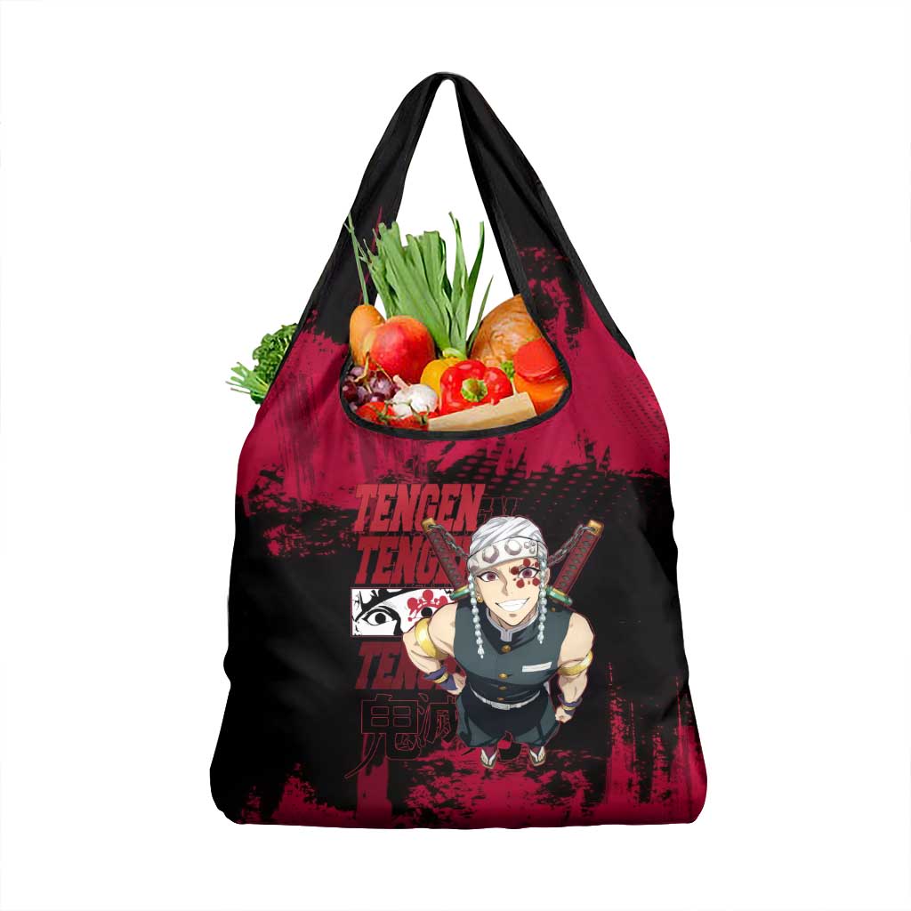 Tengen Uzui Demon Slayer Flashy Red Grunge Design Grocery Bag with Eye Detail and Dual Sword Pose - The Mazicc