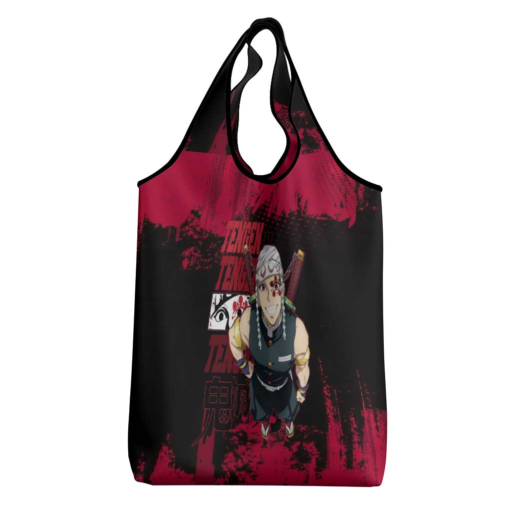 Tengen Uzui Demon Slayer Flashy Red Grunge Design Grocery Bag with Eye Detail and Dual Sword Pose - The Mazicc