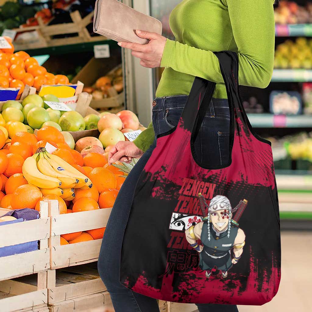 Tengen Uzui Demon Slayer Flashy Red Grunge Design Grocery Bag with Eye Detail and Dual Sword Pose - The Mazicc