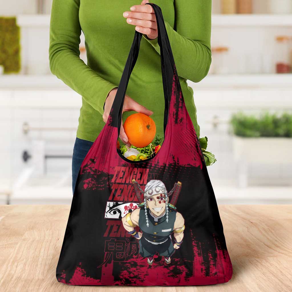 Tengen Uzui Demon Slayer Flashy Red Grunge Design Grocery Bag with Eye Detail and Dual Sword Pose - The Mazicc