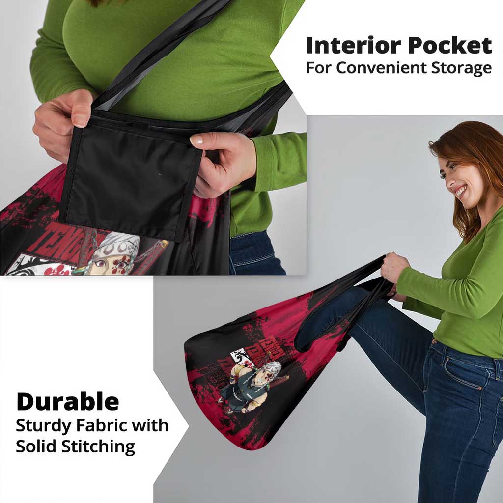 Tengen Uzui Demon Slayer Flashy Red Grunge Design Grocery Bag with Eye Detail and Dual Sword Pose - The Mazicc