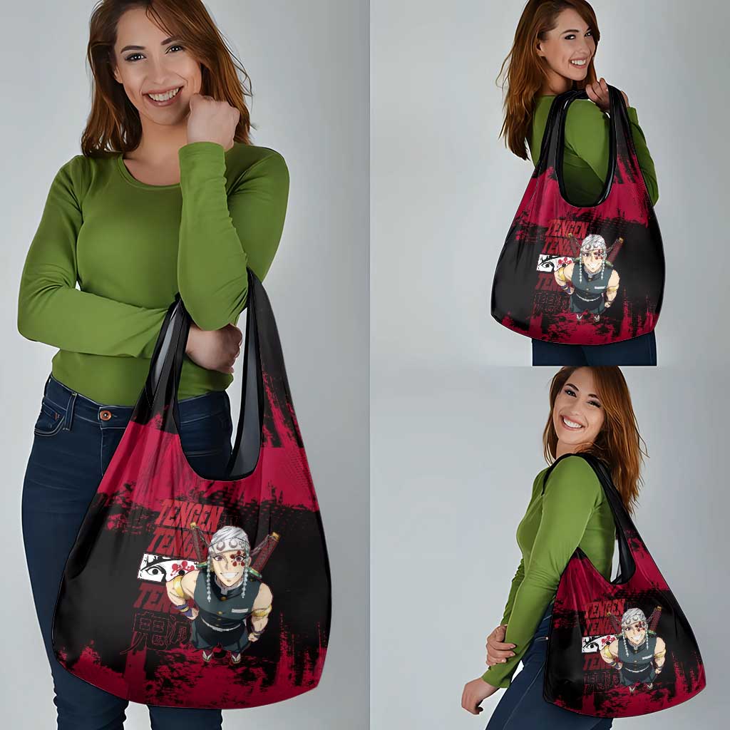 Tengen Uzui Demon Slayer Flashy Red Grunge Design Grocery Bag with Eye Detail and Dual Sword Pose - The Mazicc