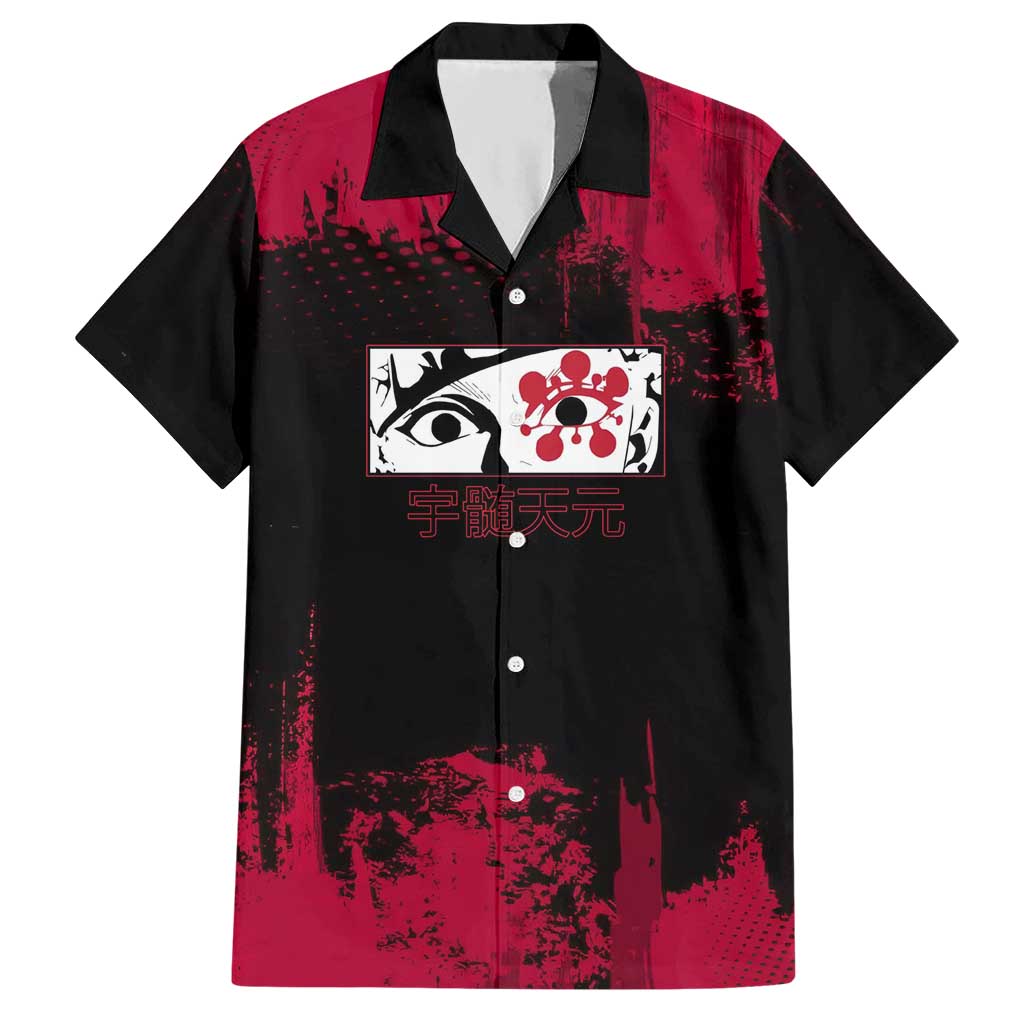 Tengen Uzui Demon Slayer Flashy Red Grunge Design Hawaiian Shirt with Eye Detail and Dual Sword Pose - The Mazicc