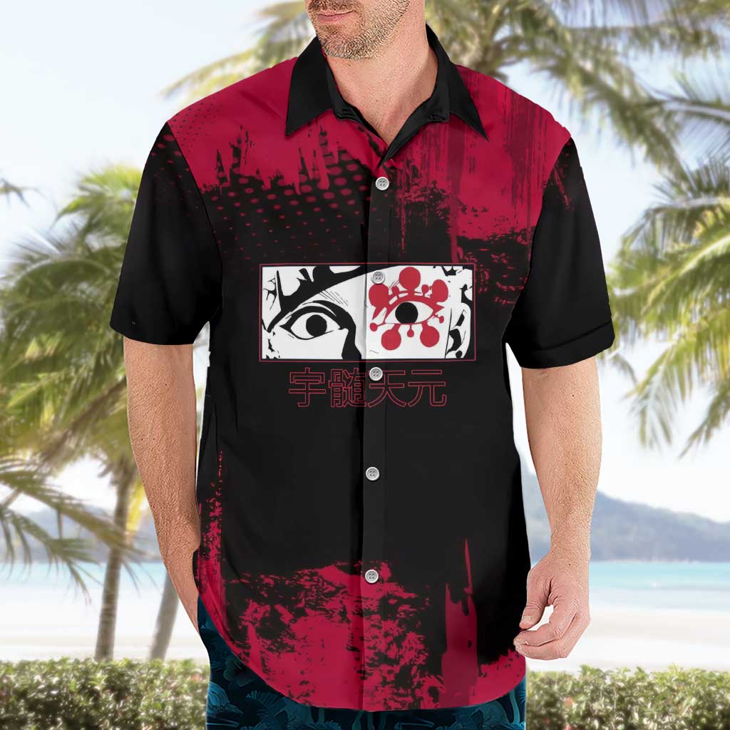 Tengen Uzui Demon Slayer Flashy Red Grunge Design Hawaiian Shirt with Eye Detail and Dual Sword Pose - The Mazicc