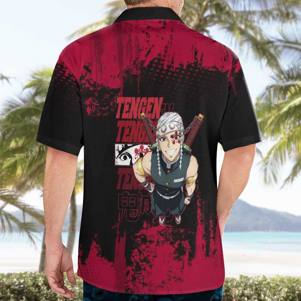 Tengen Uzui Demon Slayer Flashy Red Grunge Design Hawaiian Shirt with Eye Detail and Dual Sword Pose - The Mazicc