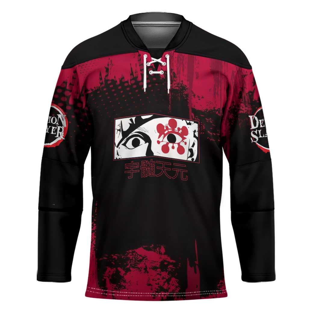 Tengen Uzui Demon Slayer Flashy Red Grunge Design Hockey Jersey with Eye Detail and Dual Sword Pose - The Mazicc