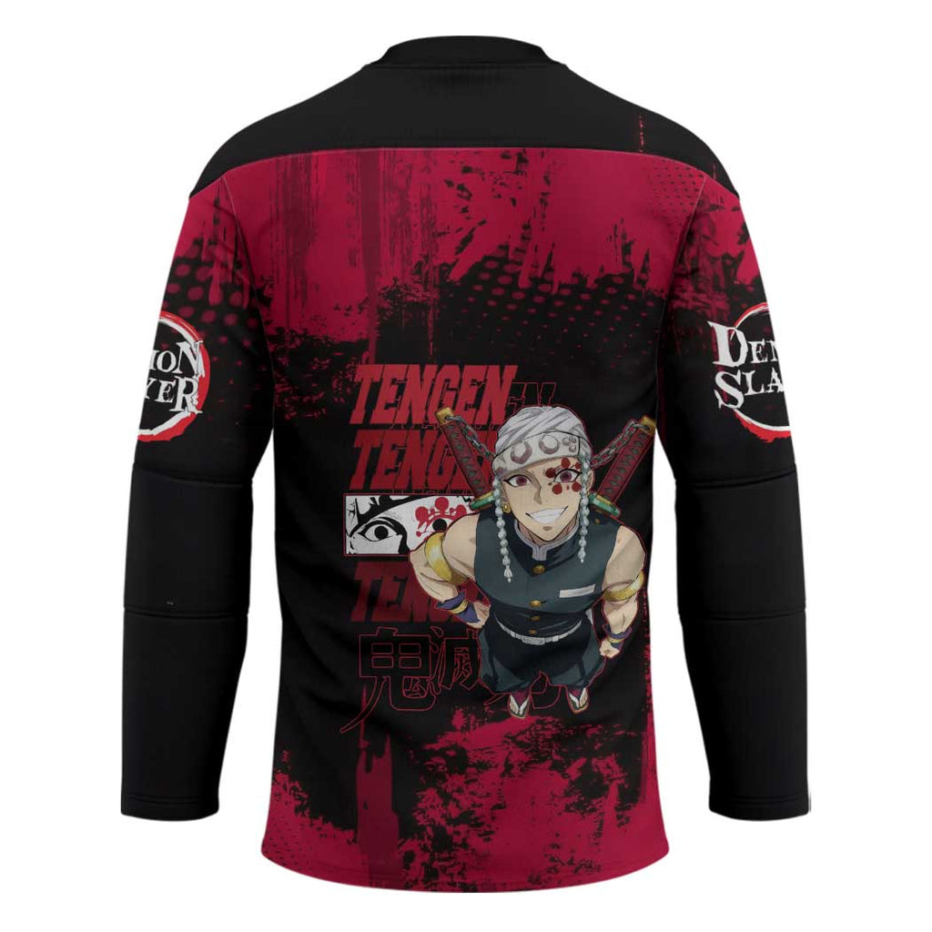 Tengen Uzui Demon Slayer Flashy Red Grunge Design Hockey Jersey with Eye Detail and Dual Sword Pose - The Mazicc