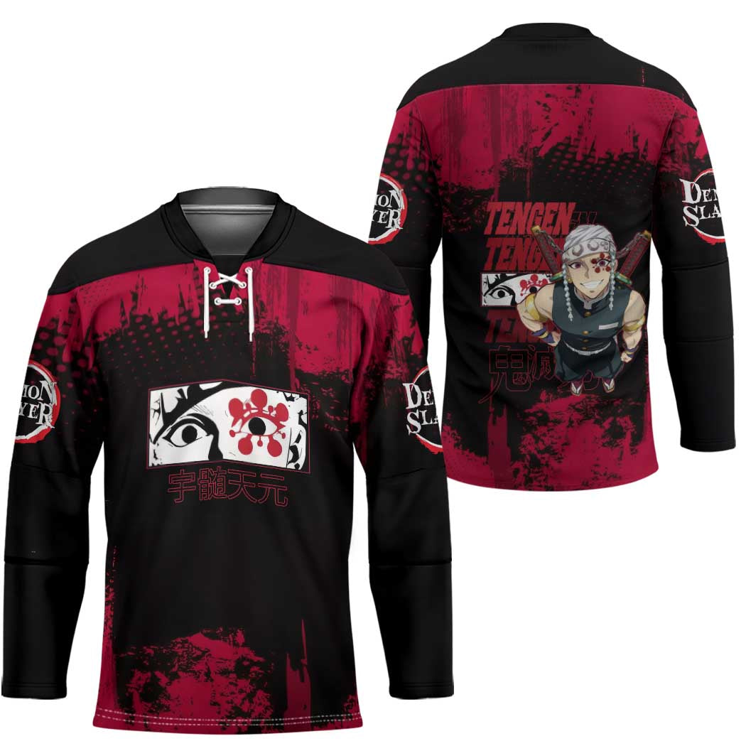 Tengen Uzui Demon Slayer Flashy Red Grunge Design Hockey Jersey with Eye Detail and Dual Sword Pose - The Mazicc