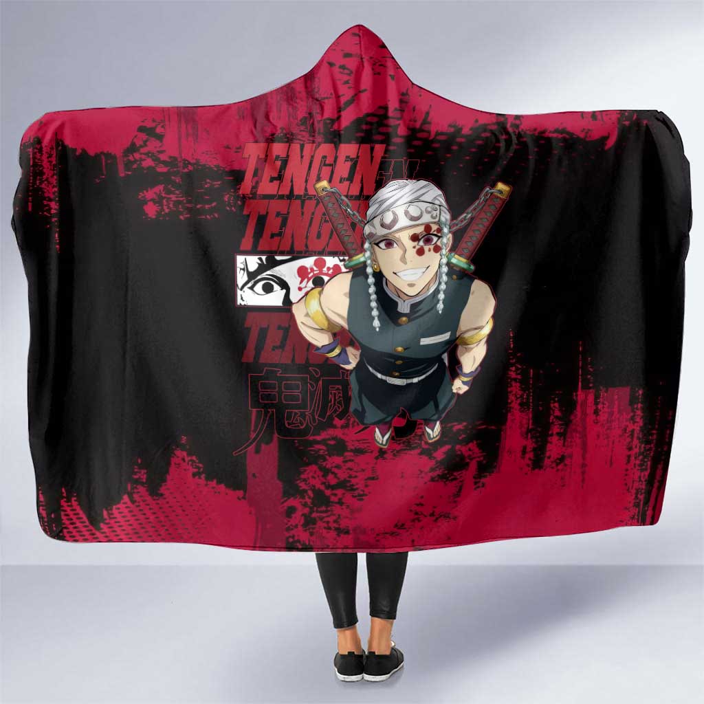 Tengen Uzui Demon Slayer Flashy Red Grunge Design Hooded Blanket with Eye Detail and Dual Sword Pose - The Mazicc