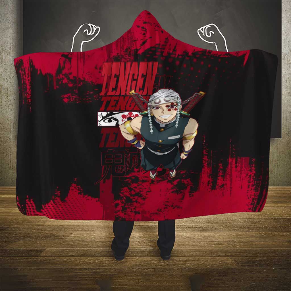 Tengen Uzui Demon Slayer Flashy Red Grunge Design Hooded Blanket with Eye Detail and Dual Sword Pose - The Mazicc