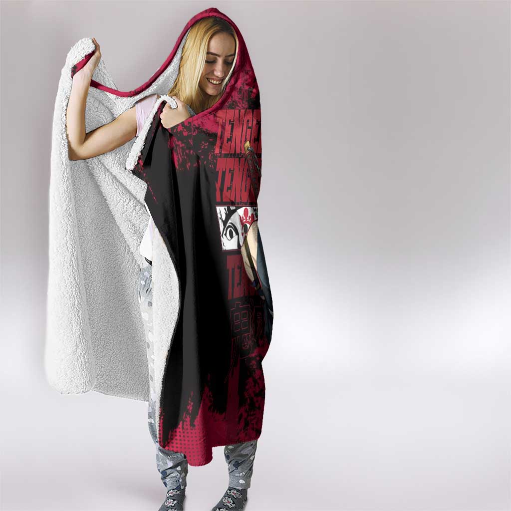 Tengen Uzui Demon Slayer Flashy Red Grunge Design Hooded Blanket with Eye Detail and Dual Sword Pose - The Mazicc
