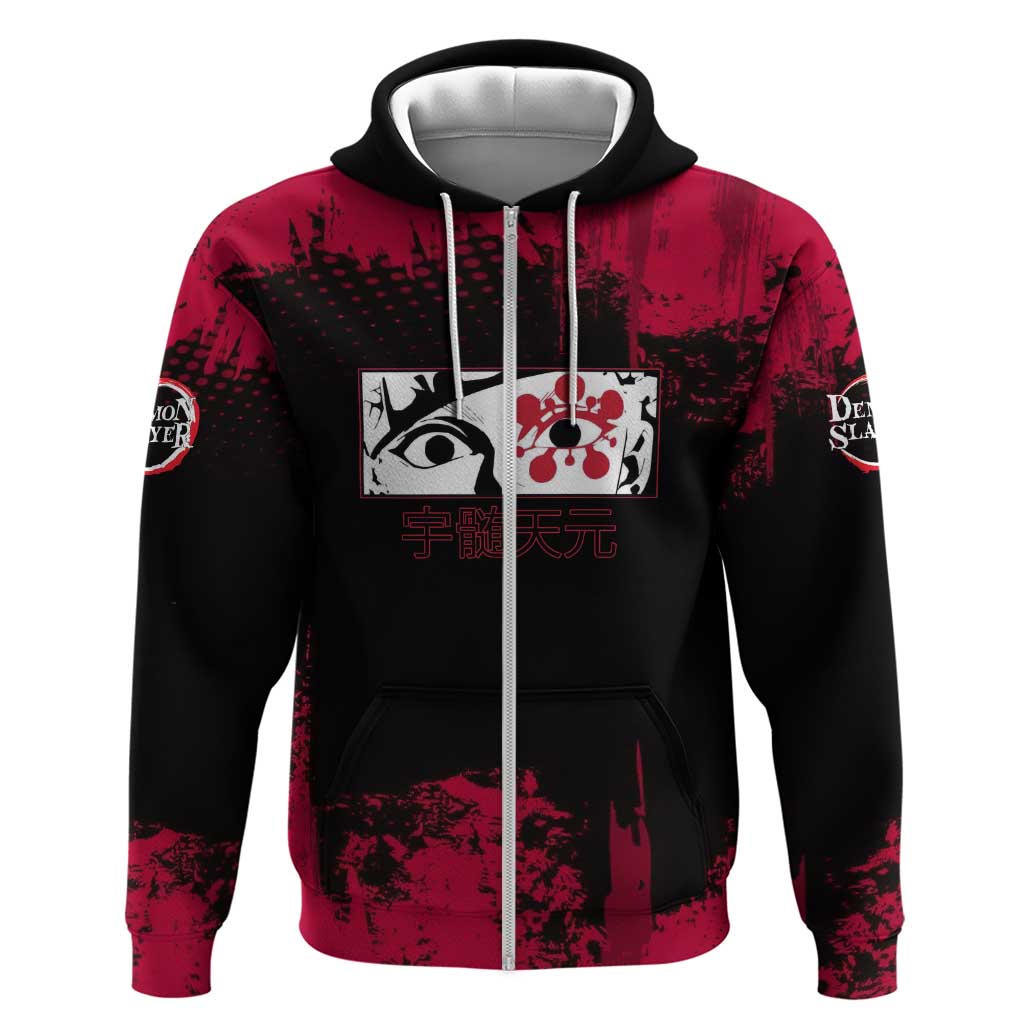 Tengen Uzui Demon Slayer Flashy Red Grunge Design Hoodie with Eye Detail and Dual Sword Pose - The Mazicc