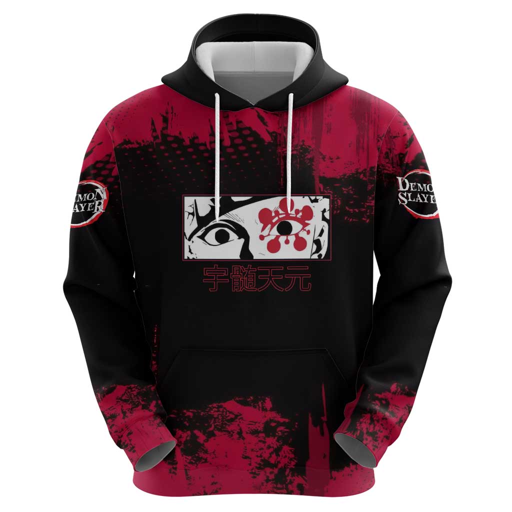 Tengen Uzui Demon Slayer Flashy Red Grunge Design Hoodie with Eye Detail and Dual Sword Pose - The Mazicc