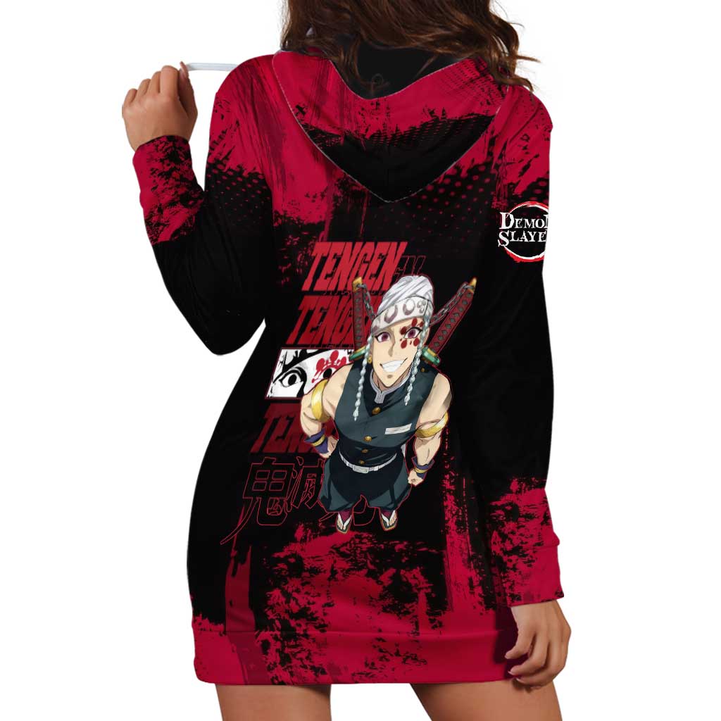Tengen Uzui Demon Slayer Flashy Red Grunge Design Hoodie Dress with Eye Detail and Dual Sword Pose - The Mazicc