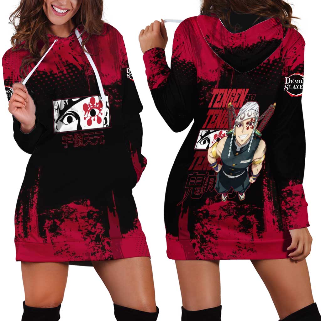 Tengen Uzui Demon Slayer Flashy Red Grunge Design Hoodie Dress with Eye Detail and Dual Sword Pose - The Mazicc