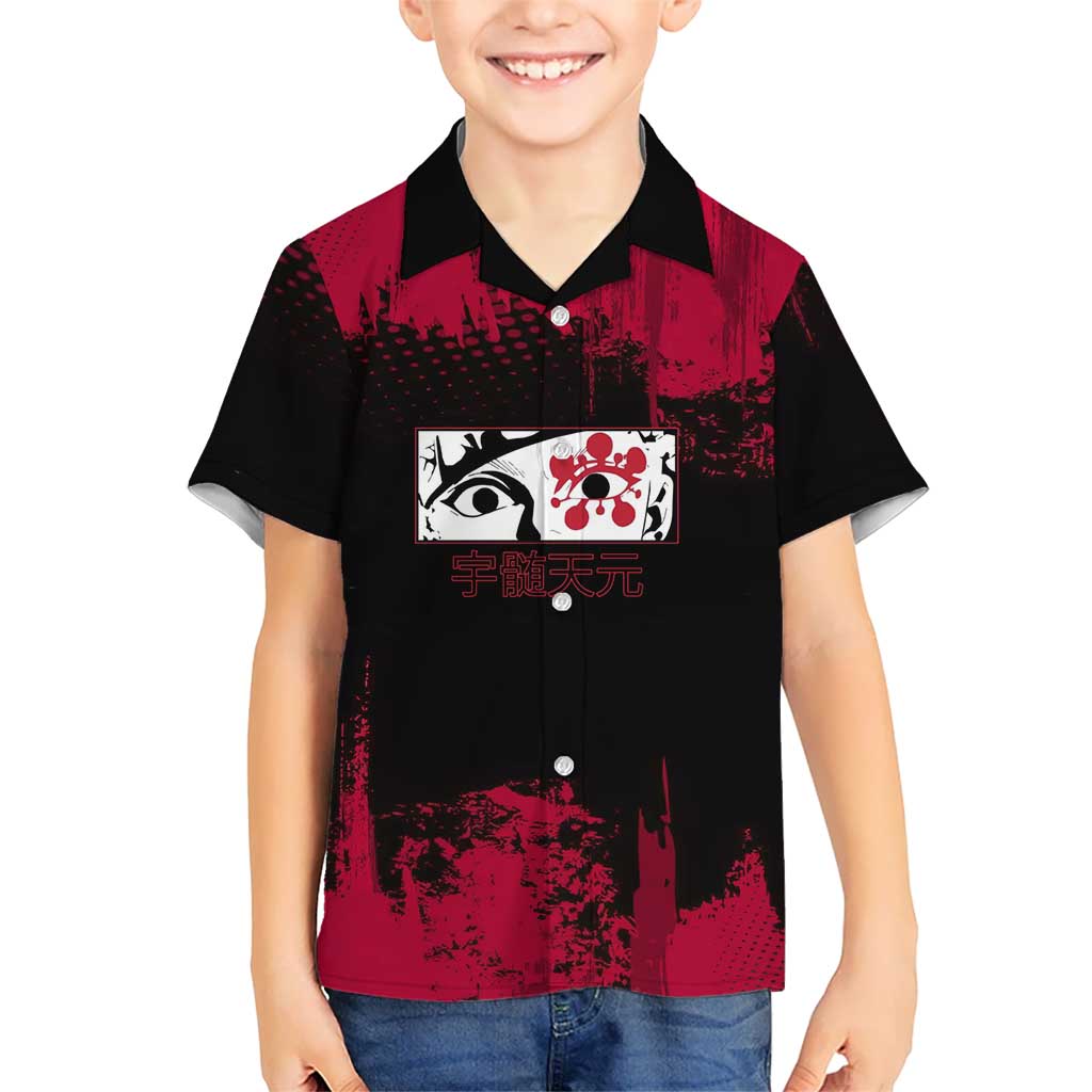 Tengen Uzui Demon Slayer Flashy Red Grunge Design Kid Hawaiian Shirt with Eye Detail and Dual Sword Pose - The Mazicc