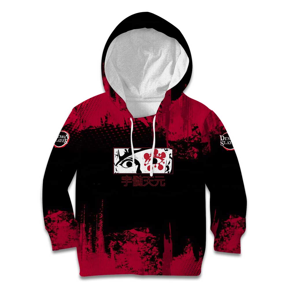 Tengen Uzui Demon Slayer Flashy Red Grunge Design Kid Hoodie with Eye Detail and Dual Sword Pose - The Mazicc